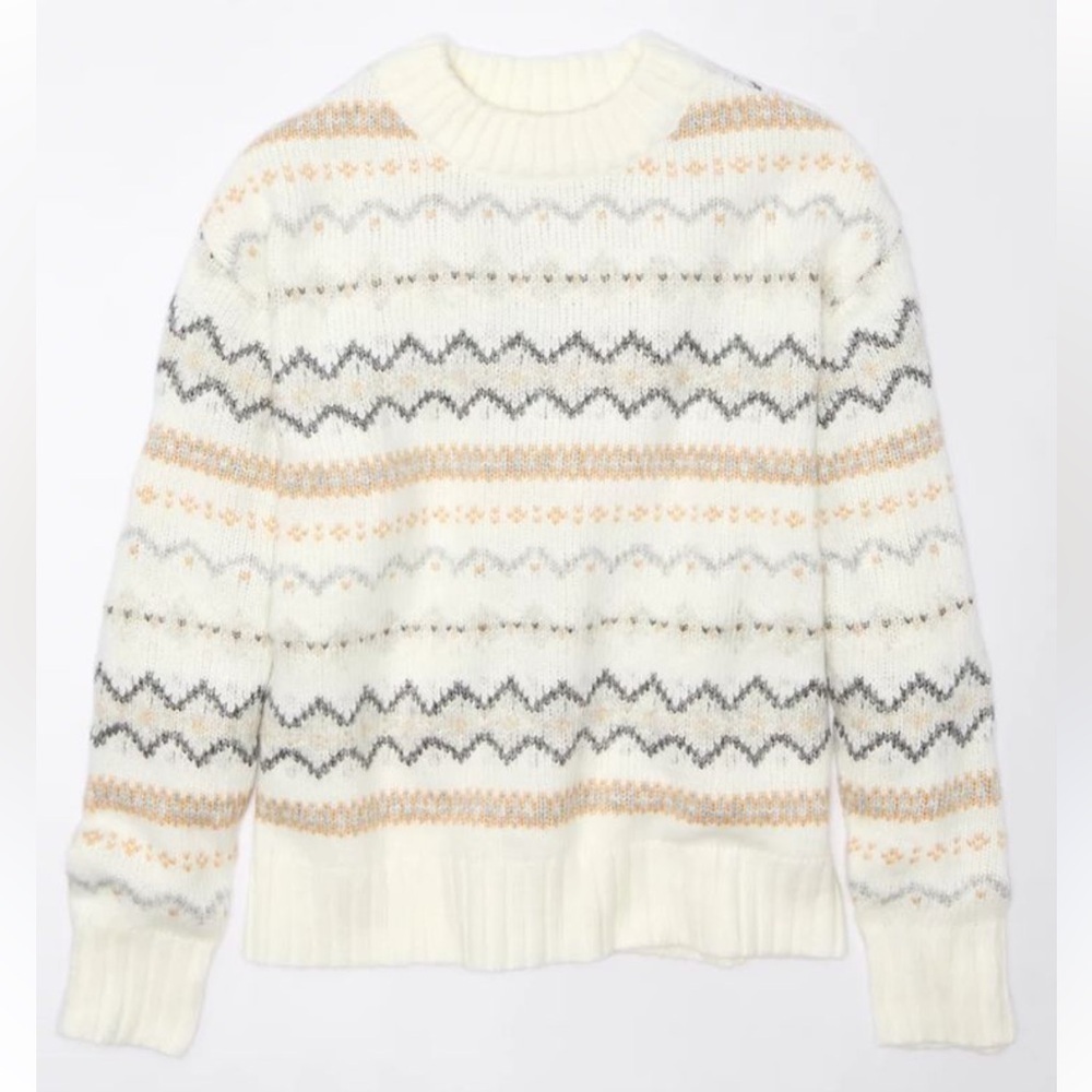 AMERICAN EAGLE WOMENS SO SOFT CREWNECK SWEATER WHITE FAIR ISLE PATTERN XS